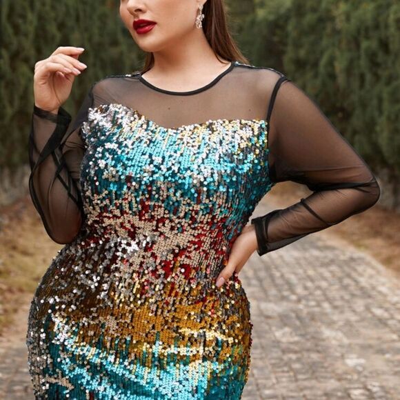 Sequin Multicolor Dress with Sheer Sleeves 1X - Picture 3 of 5